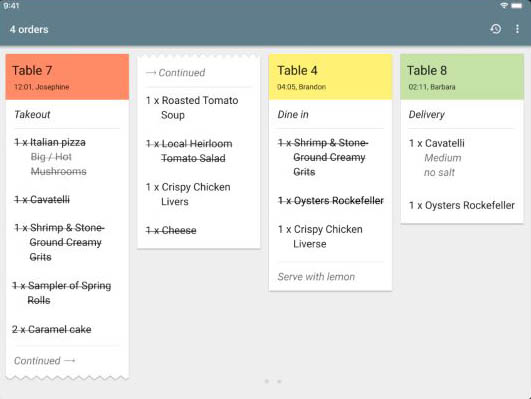 Schermata del display della cucina con colonne da tavolo e menu