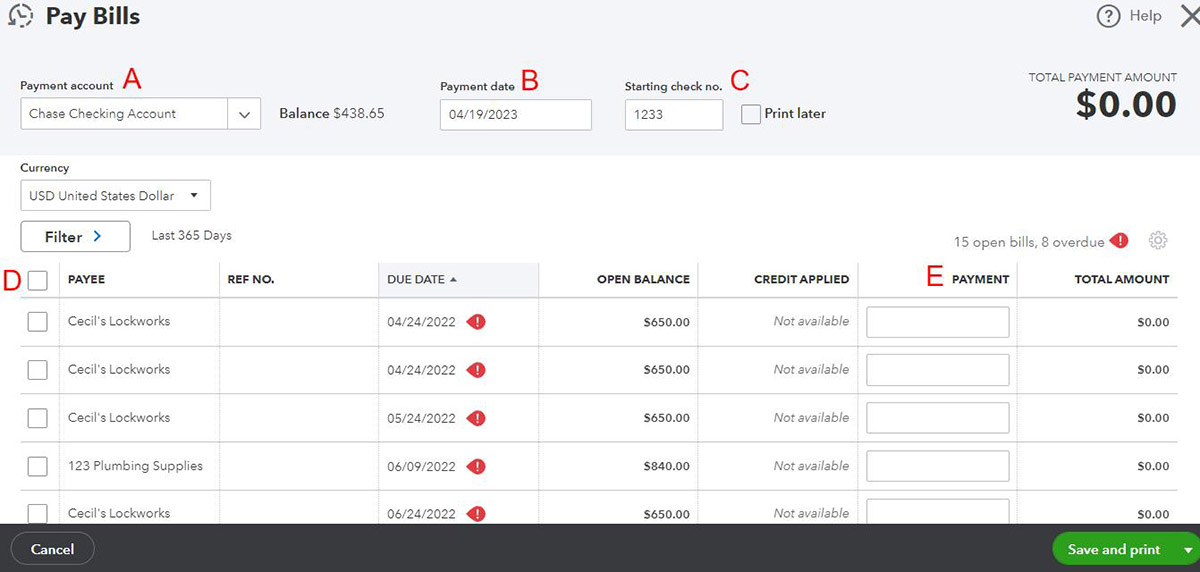 Pay bills screen in QuickBooks Online showing different labeled sections, such as Payment account and Payment date.