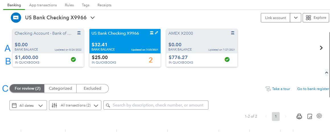 QuickBooks Online Banking Center showing connected bank accounts.