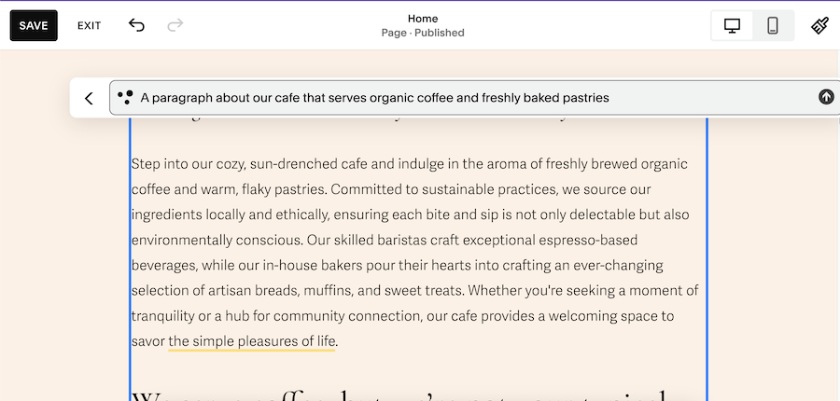 Sample website copies for an organic cafe website generated by Squarespace's AI copywriter.
