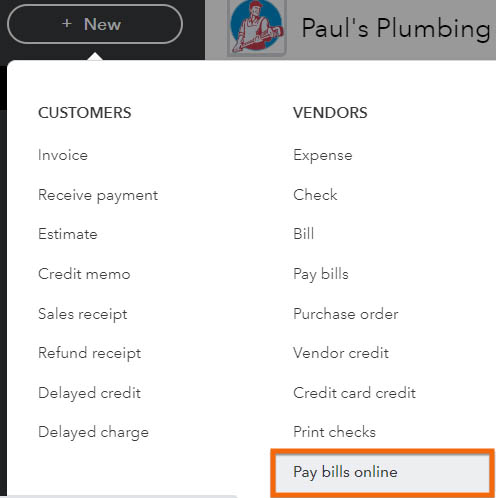 Screen showing how to navigate to QuickBooks' Online Bill Pay feature.