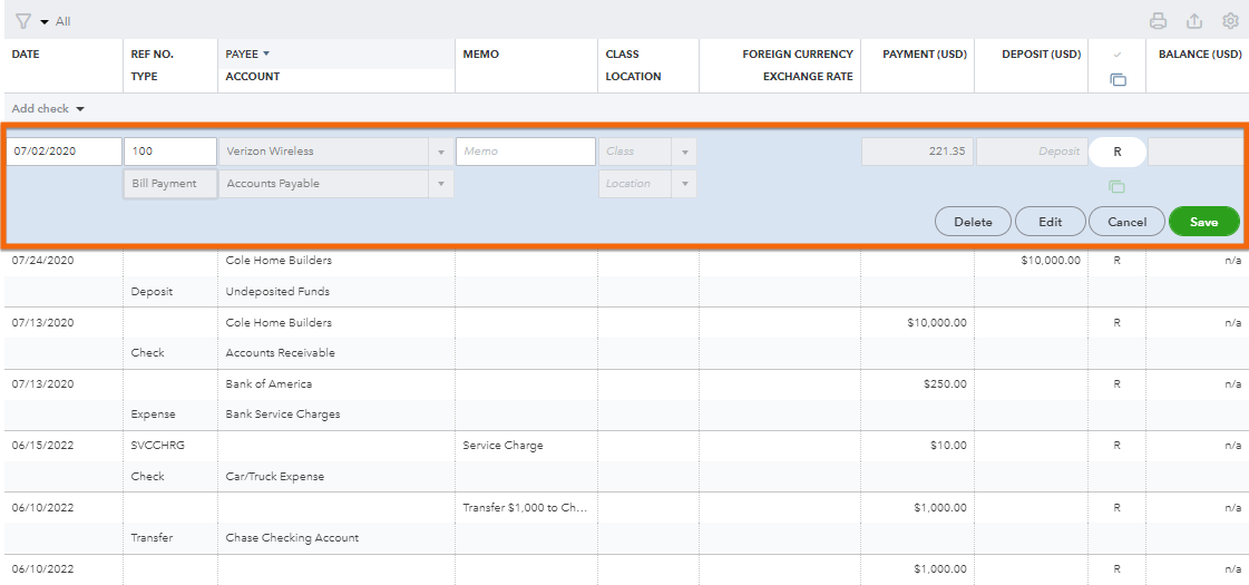 Screen where you can add a new check or deposit in QuickBooks.