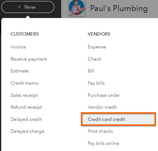 Screen where you can navigate to the credit card credit form in QuickBooks Online.