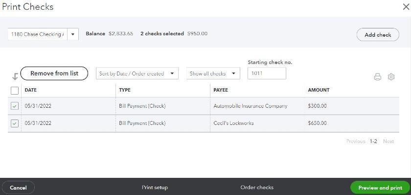 Screen where you can select checks to print in QuickBooks Online.