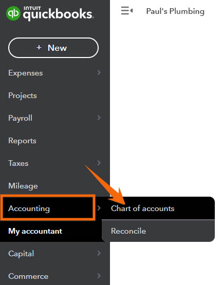 Screen in QuickBooks Online where you can navigate to the chart of accounts.