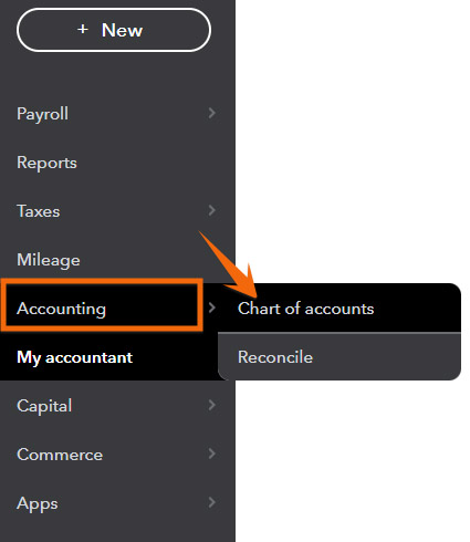 Section in QuickBooks where you can navigate to the chart of accounts.