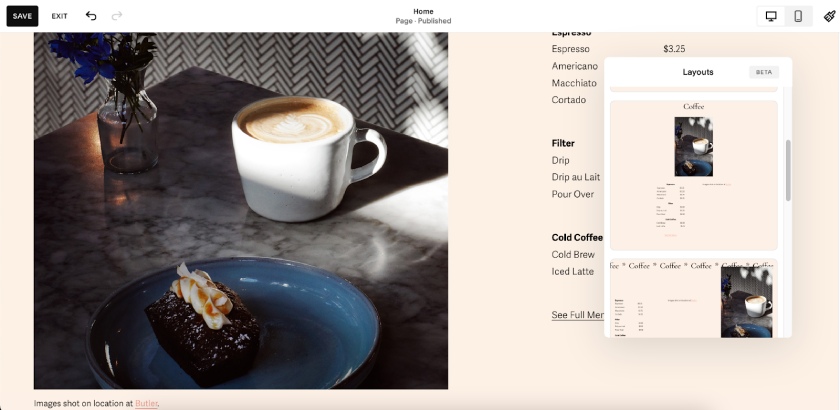 A website section being edited in Squarespace's drag-and-drop editor.