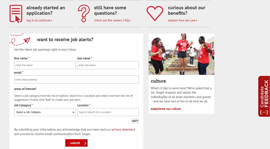 Target's career page includes links to fill out an application, ask questions, and learn more about benefits.