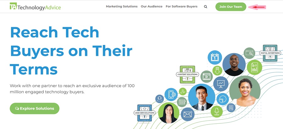 TechnologyAdvice's homepage with a Join Our Team button at the top.
