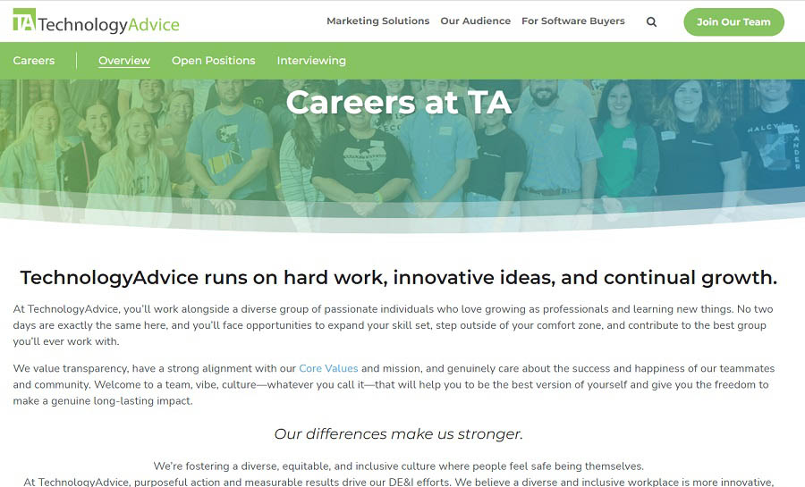 TechnologyAdvice uses its career page to showcase its core values.
