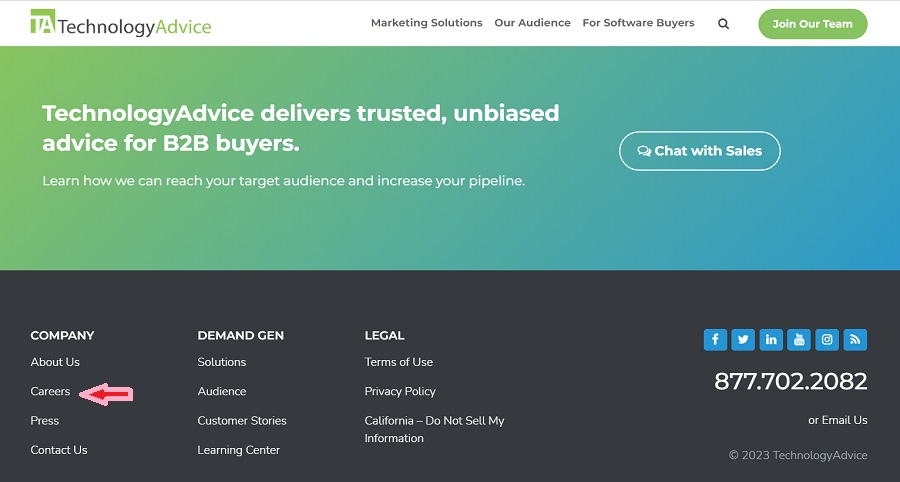 The footer on TechnologyAdvice's homepage with a Careers link.