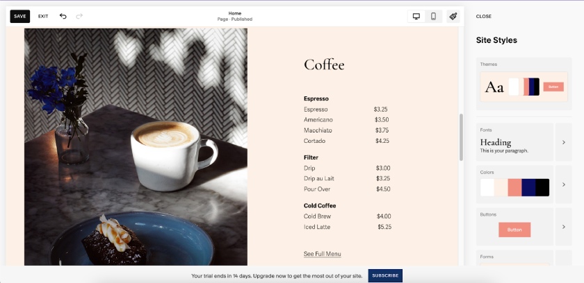 The interface of Squarespace's drag-and-drop website editor.