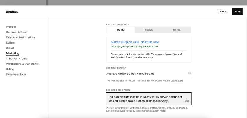 The Marketing tab inside Squarespace's dashboard with prompts to set up your site's SEO title and descriptions.