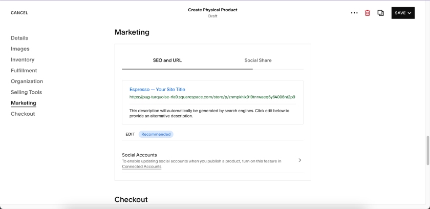 The Marketing tab inside Squarespace's Products & Services tab with tools to set up your product's SEO settings.