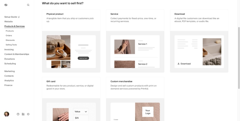 The Products & Services page of Squarespace's website dashboard.