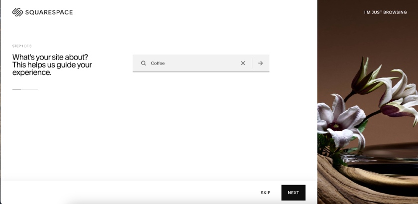 The setup page of Squarespace's drag-and-drop website builder with a prompt about the type of website you're building.
