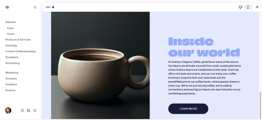 The website draft generated by Squarespace's AI website builder.