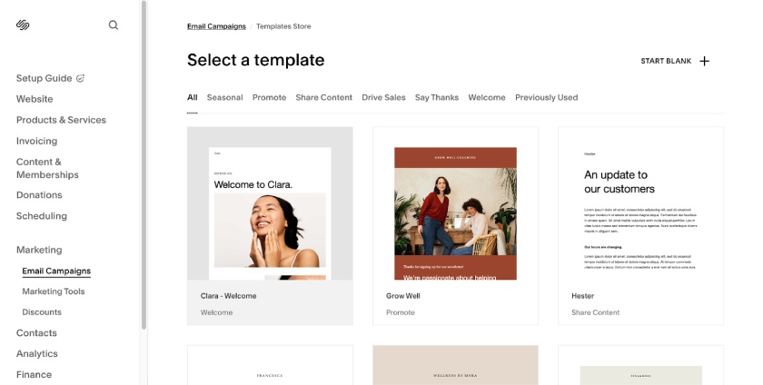 Various email templates inside Squarespace's Email Campaigns tab.