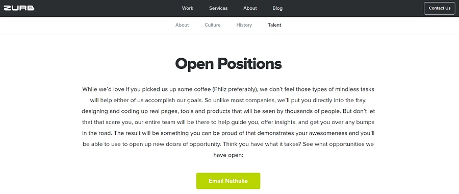 ZURB's career page includes an Email Nathalie button.