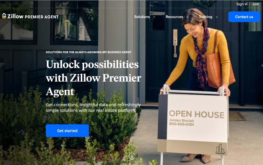 Screenshot of Zillow Premier Agent homepage.