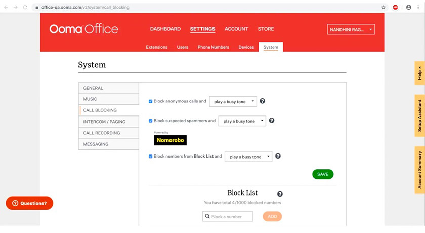 Ooma Office interface showing the call blocking settings, which include configurations for blocking anonymous calls, suspected spammers, and numbers from the Block List