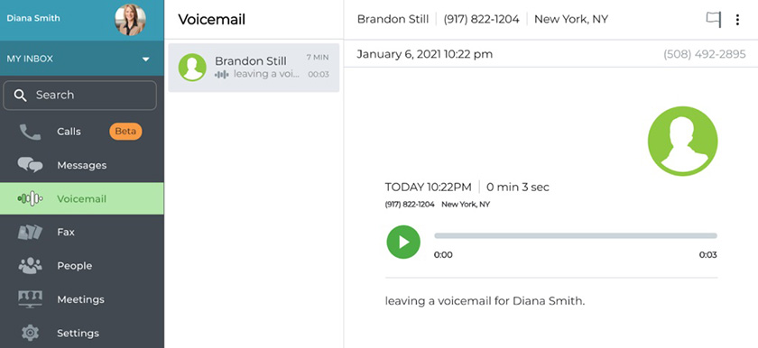 Phone.com interface with the voicemail option selected on the main tab and an audio recording of a message displayed