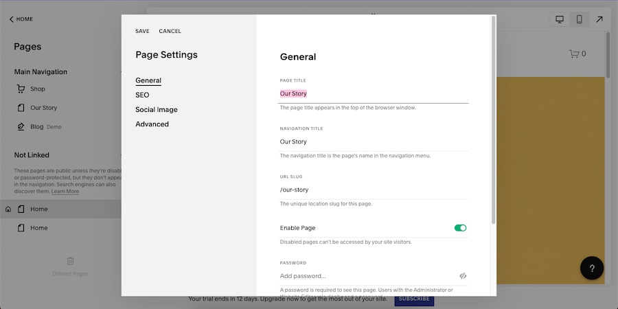 Inside Squarespace's editor with a popup box for renaming a page