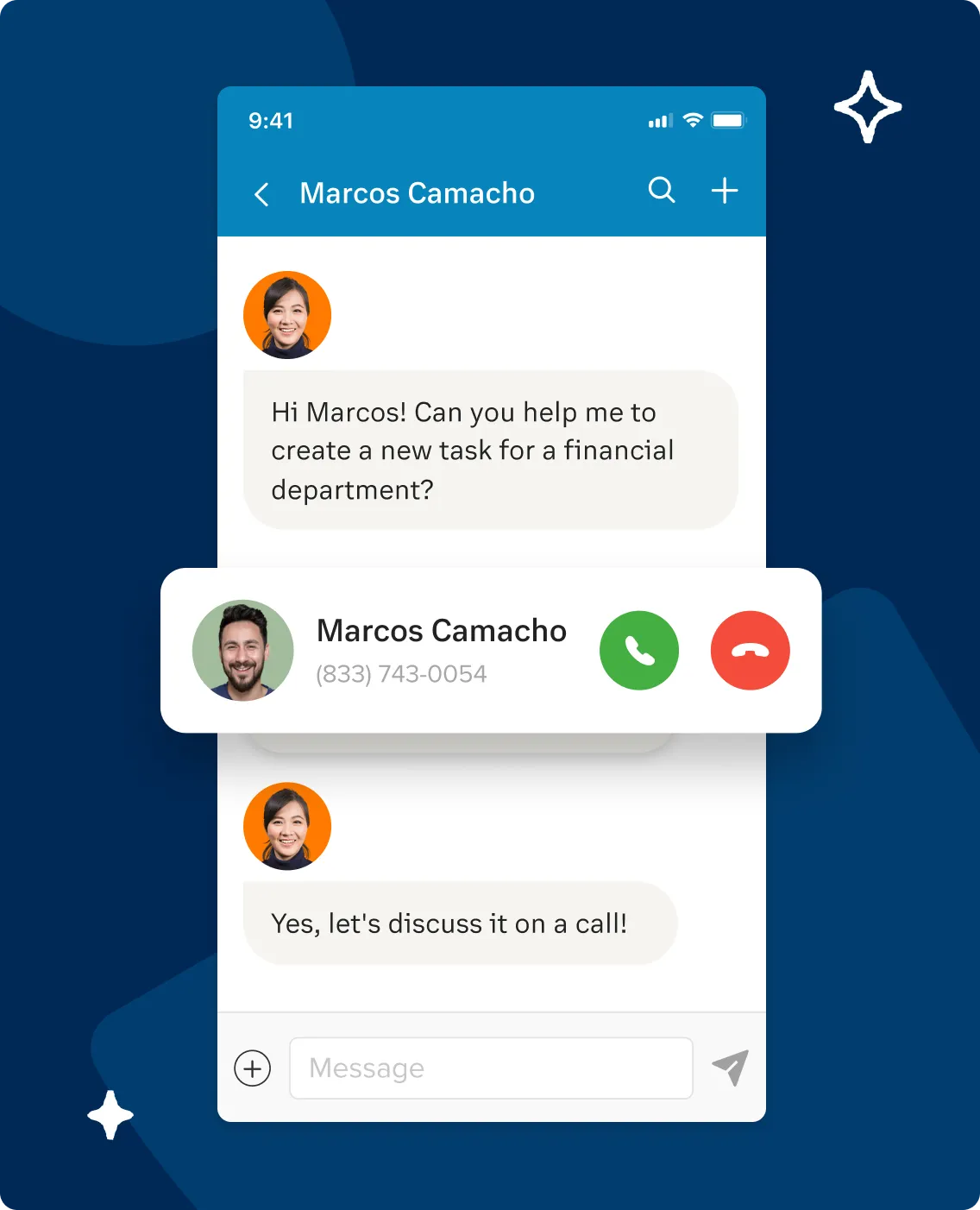 A RingCentral chat between two people discussing about creating a new task for a financial department