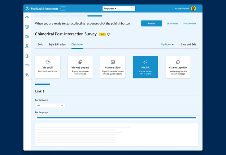 RingCentral Contact Center’s Feedback Management interface shows the options for creating surveys. Users have different survey distribution options: via email, web pop-up, slider, link, or message link