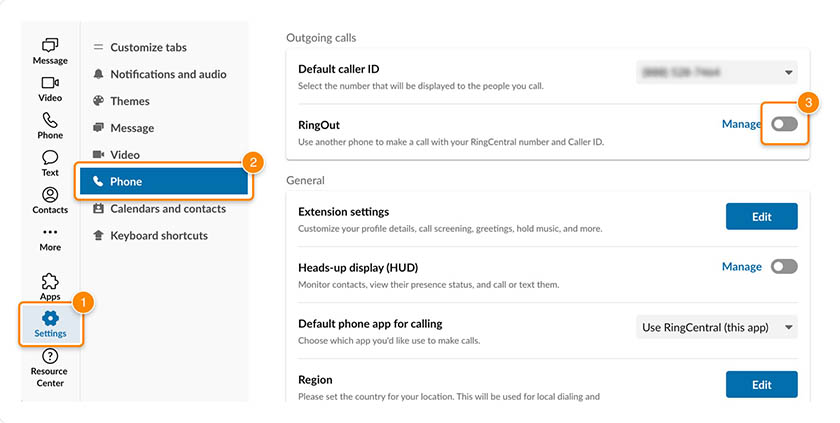 RingCentral outgoing calls settings interface and the RingOut option highlighted with an orange box