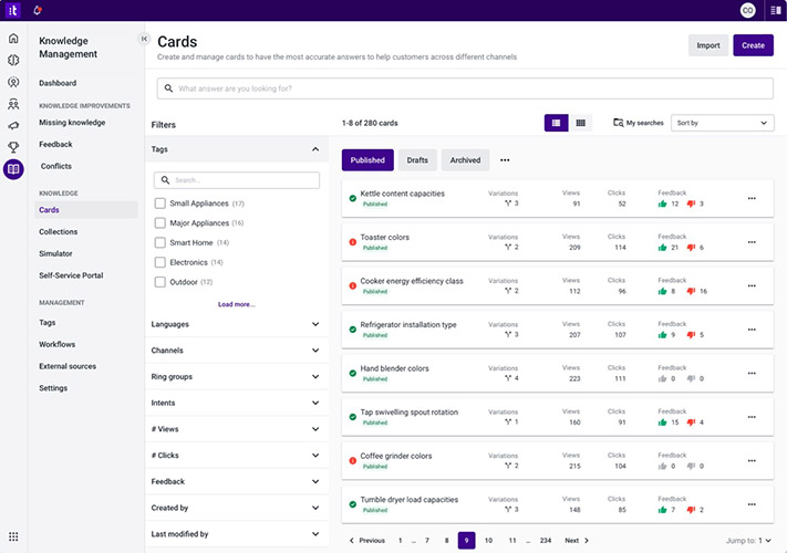 Talkdesk Knowledge Management interface showing the "Cards" feature, where information on company products are organized in rows, displaying the number of views, clicks, upvotes, and downvotes