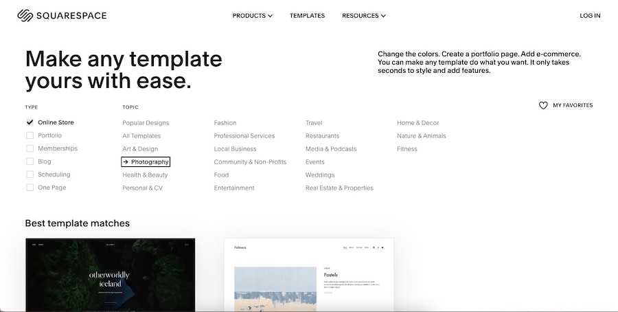 Squarespace's template filter section
