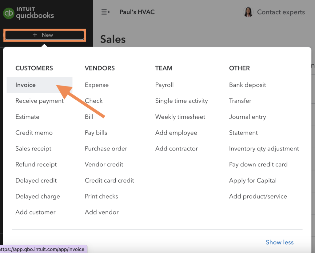 Screen showing how to navigate to Invoice in QuickBooks Online