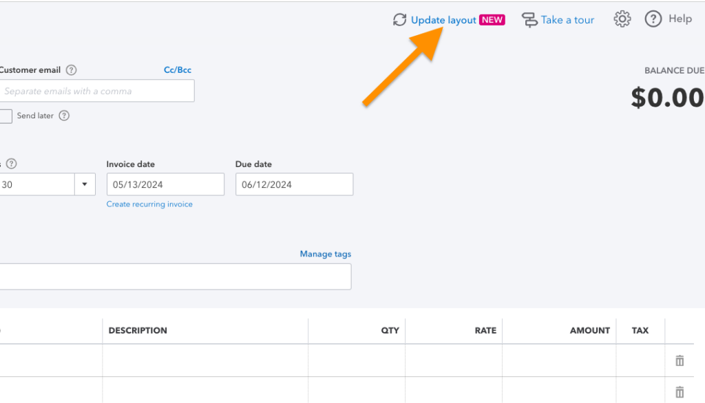QuickBooks invoicing form highlighting the section where you can switch to the new invoicing format