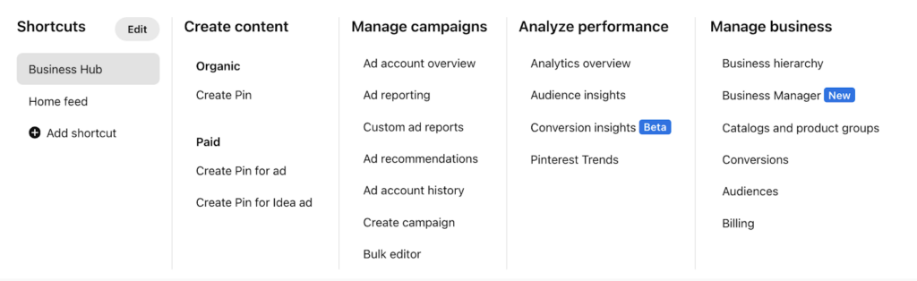 Pinterest Business account Business Hub shortcuts