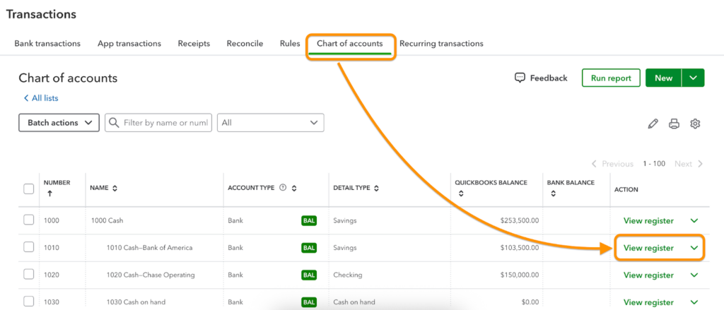 Chart of accounts in QuickBooks showing a list of bank accounts.