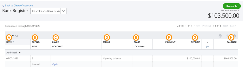 Bank register screen in QuickBooks with labeled sections, like Payee and Account.
