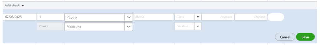 Screen where you can add a new check or deposit in QuickBooks.