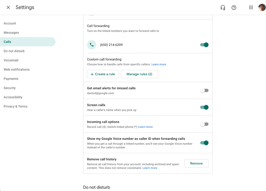 A user clicking the “Create a rule” option in the Call Forwarding settings on Google Voice and selecting the contacts the rule will apply to