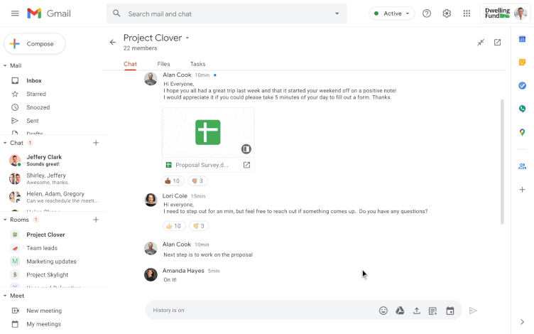 A user navigating the Google Workspace, clicking the Google Docs option from the Google Chat menu and sharing a new document titled Project Proposal