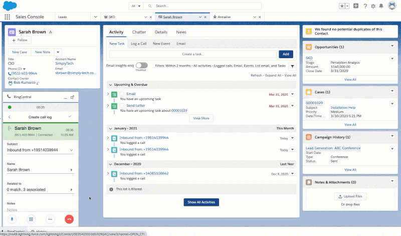 Salesforce interface showing a customer profile and a RingCentral pop-up that displays a call log and an incoming call.