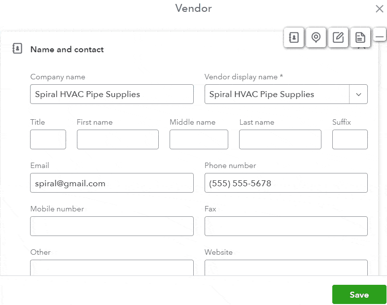 New vendor set up form showing how it's completed based on a sample vendor.