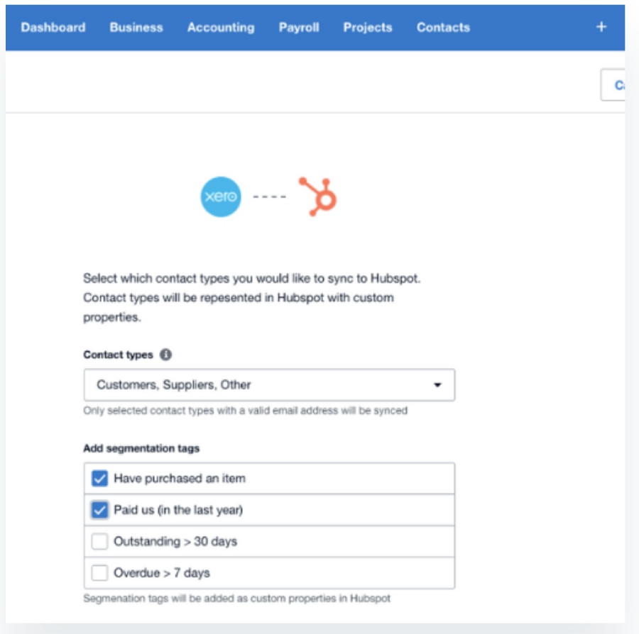 HubSpot and Xero integration showing an option to select contact types for HubSpot sync and checkboxes for segmentation tags.