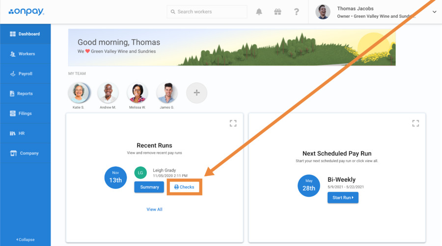 Image of OnPay where you can click button for printing employee paychecks.