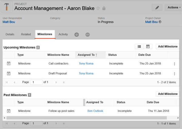 Sample Insightly CRM's account management dashboard showing upcoming and past milestones.