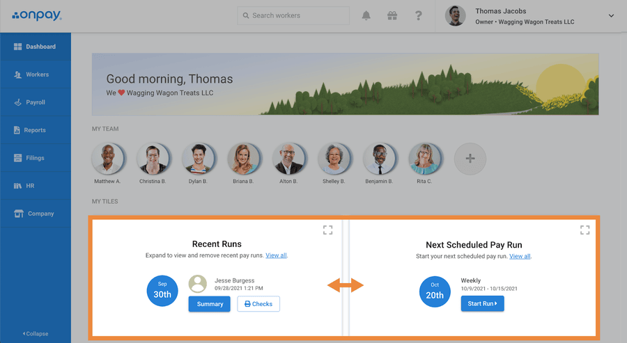 OnPay admin dashboard with list of team members and your Tiles.