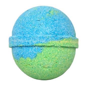 Blue and green bath bomb on white background.