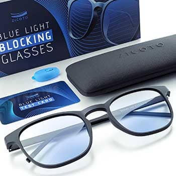 Blue light glasses with black rim plus case, packaging, and product card on white background.