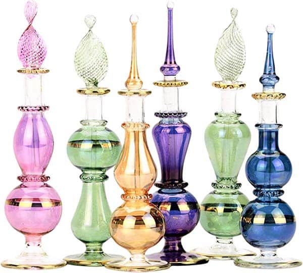 Multicolored and shaped glass Egyptian perfume bottles.