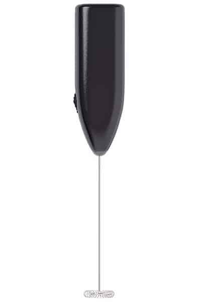 Handheld milk frother with black handle on white background.